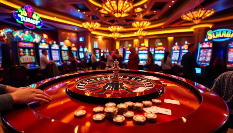 Experience the excitement of gambling at new 88 with stunning casino visuals featuring vibrant slots and roulette tables.