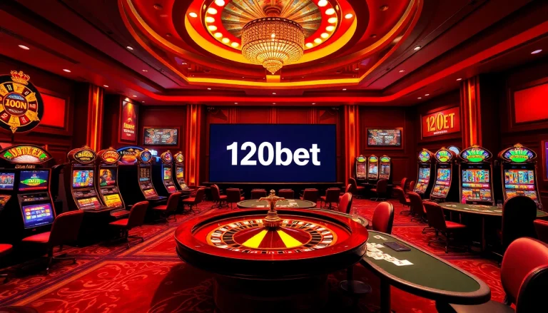 Experience the thrill of playing at 120bet in a lively casino setting with poker tables and roulette wheels.