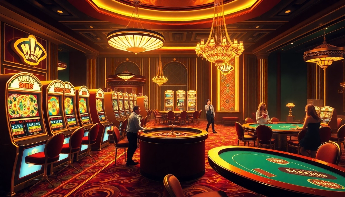 Excited players enjoying high-stakes gambling at MM 88 with vibrant slot machines and roulette tables.