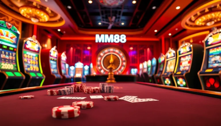 Experience the excitement of gambling at https://mm88.nl/ with luxurious casino tables, vibrant slot machines, and poker chips.