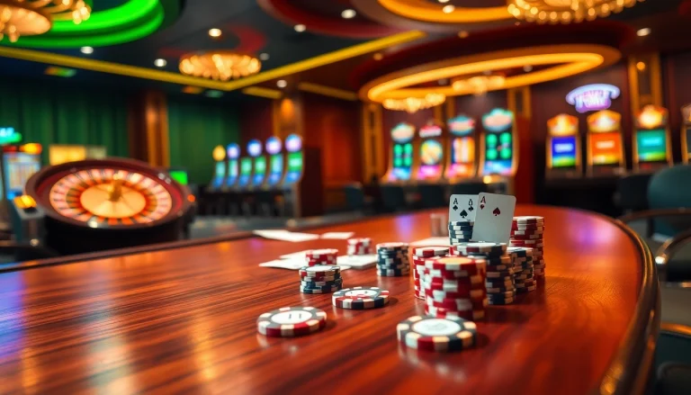 Experience the thrill of gaming at https://new88bet.us/ with a luxurious casino scene featuring a poker table, roulette wheel, and slot machines.