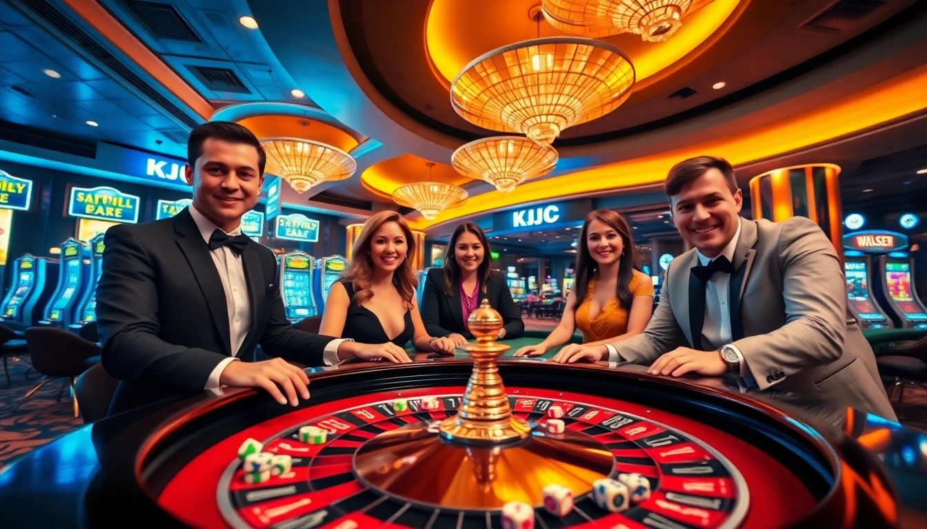 KJC-branded gamblers enjoying the thrills of a vibrant casino, highlighting poker chips and roulette.