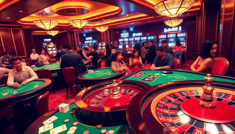 MM88 casino scene showcasing vibrant games and joyful players in a luxurious setting