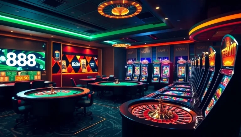 Experience the excitement of 888VI with a vibrant casino scene showcasing poker, roulette, and slots.
