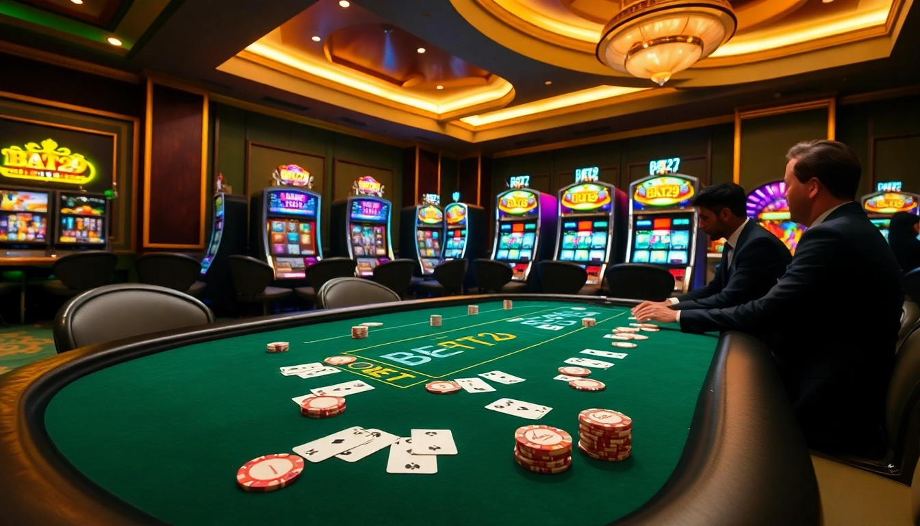 Engage in thrilling gameplay at BET29's luxurious casino table, surrounded by vibrant slot machines.