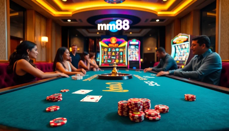 Engaged players strategizing bets at an mm88 casino table filled with poker chips and cards.