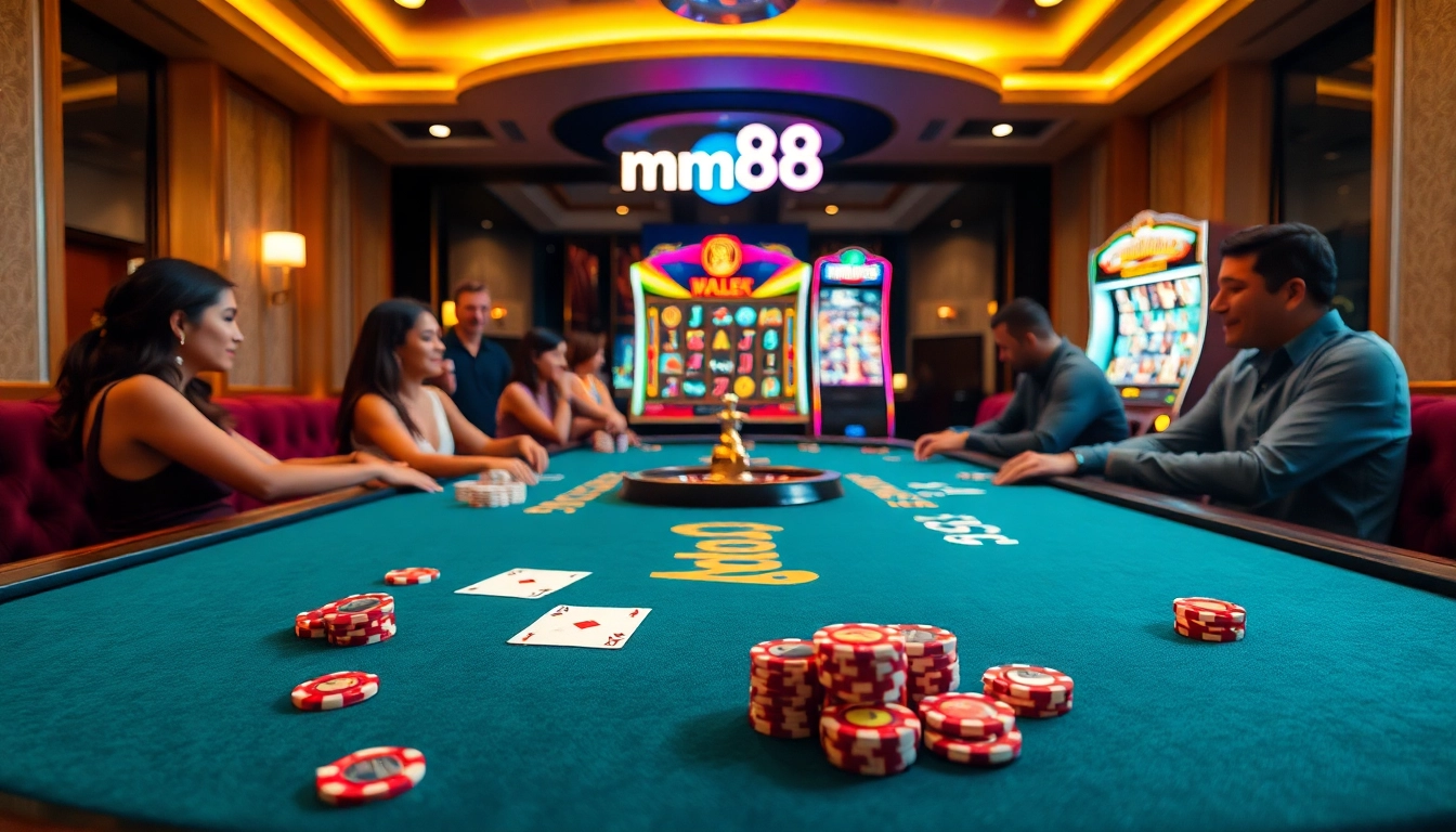 Engaged players strategizing bets at an mm88 casino table filled with poker chips and cards.
