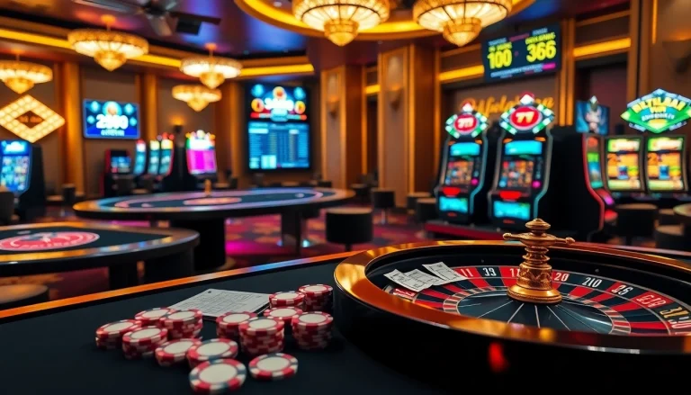 A casino scene showcasing the engaging atmosphere at https://shbetb0.com/ with casino tables and slot machines.
