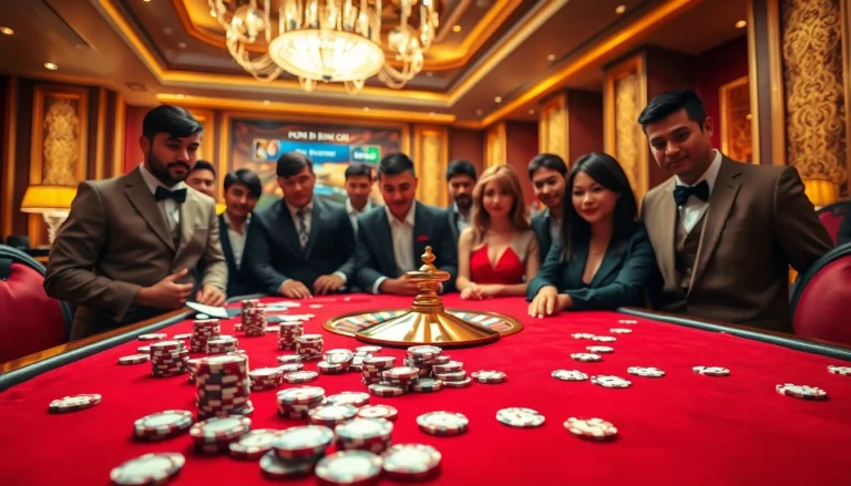 Watch an intense Đá Gà Thomo BJ888 match with excited gamblers in a vibrant casino setting.