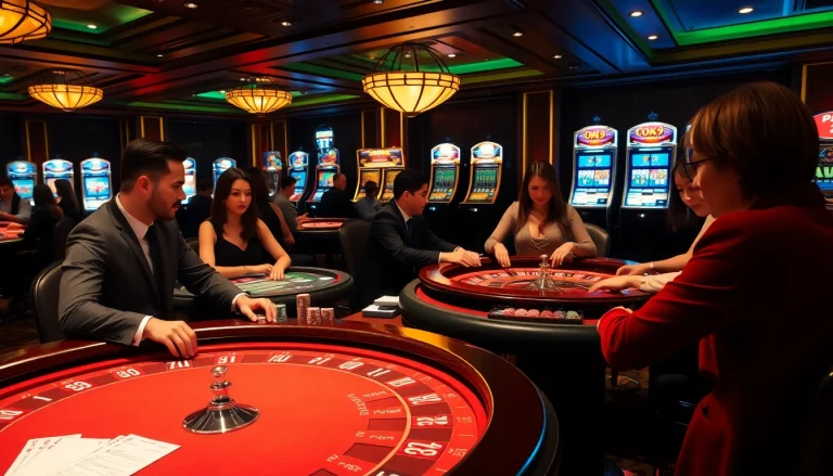 Players enjoying a thrilling moment at OK9's casino tables, showcasing poker chips and cards.