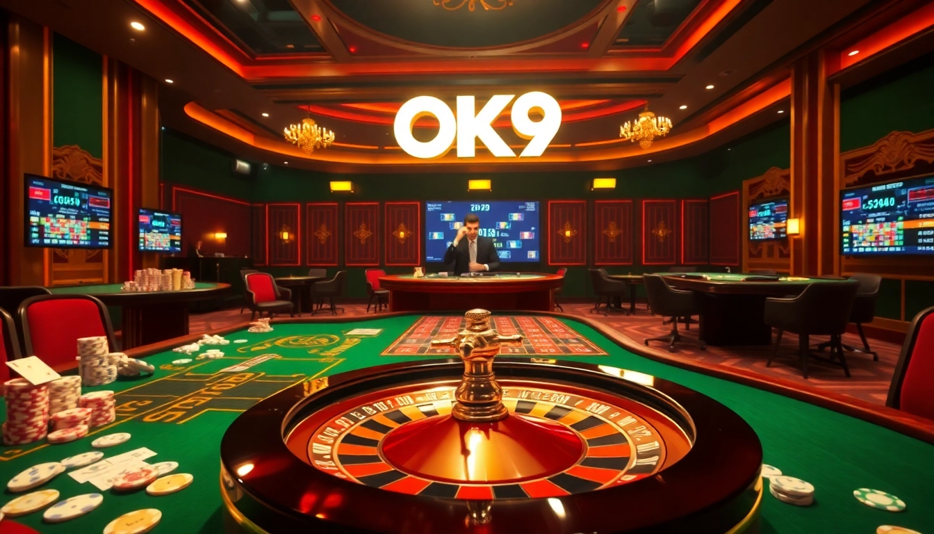 Engage with the luxurious OK9 casino experience featuring poker chips and a roulette wheel.