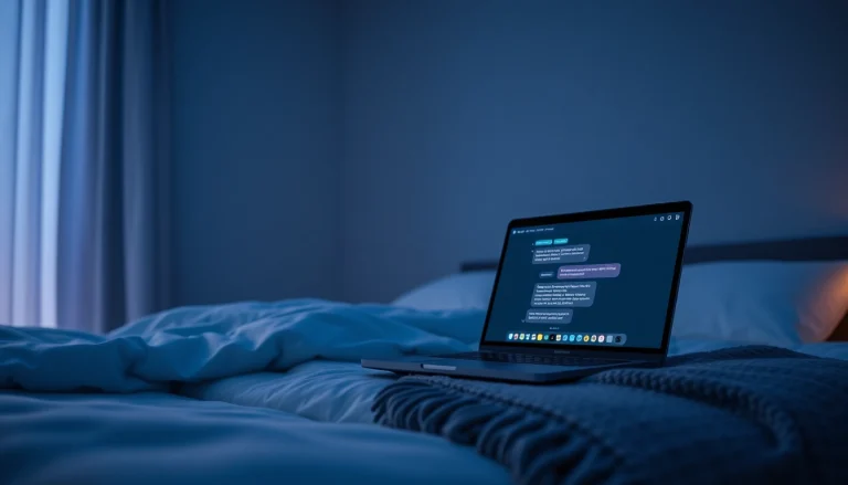 Cozy bedroom featuring a laptop with sexting ai chatbot, ambient lighting, and an intimate atmosphere.