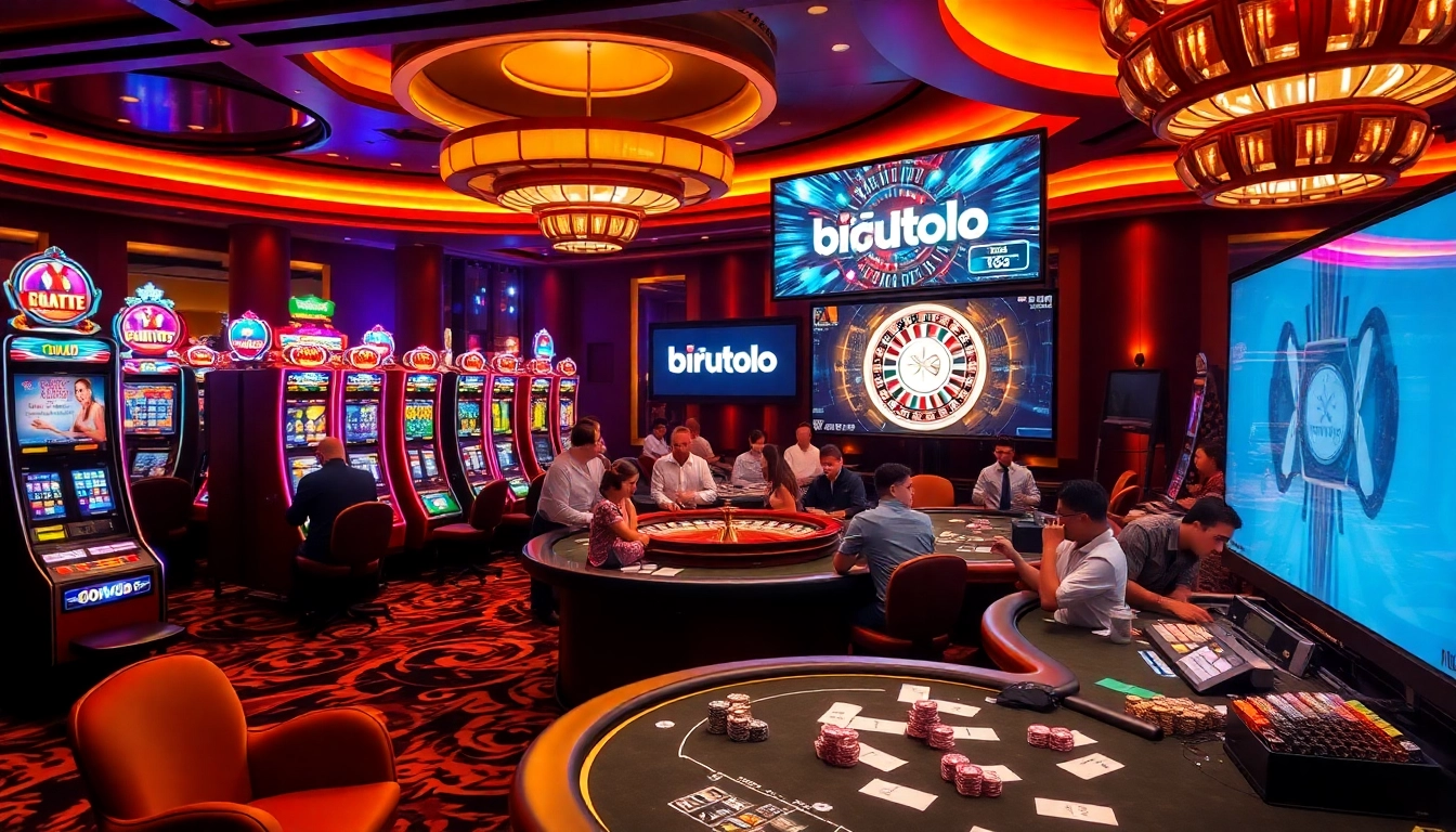 Penjudi yang antusias menikmati mesin slot dan meja poker di kasino Birutoto, menampilkan suasana kasino yang semarak.