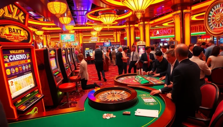 Exciting atmosphere of a luxurious 슬롯사이트 with players at slot machines, roulette, and card tables.