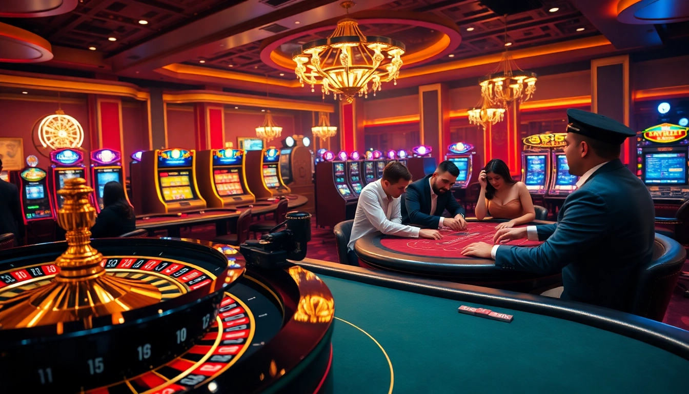 Experience the thrill of gambling at 555win, with vibrant roulette and poker tables surrounded by lively action.