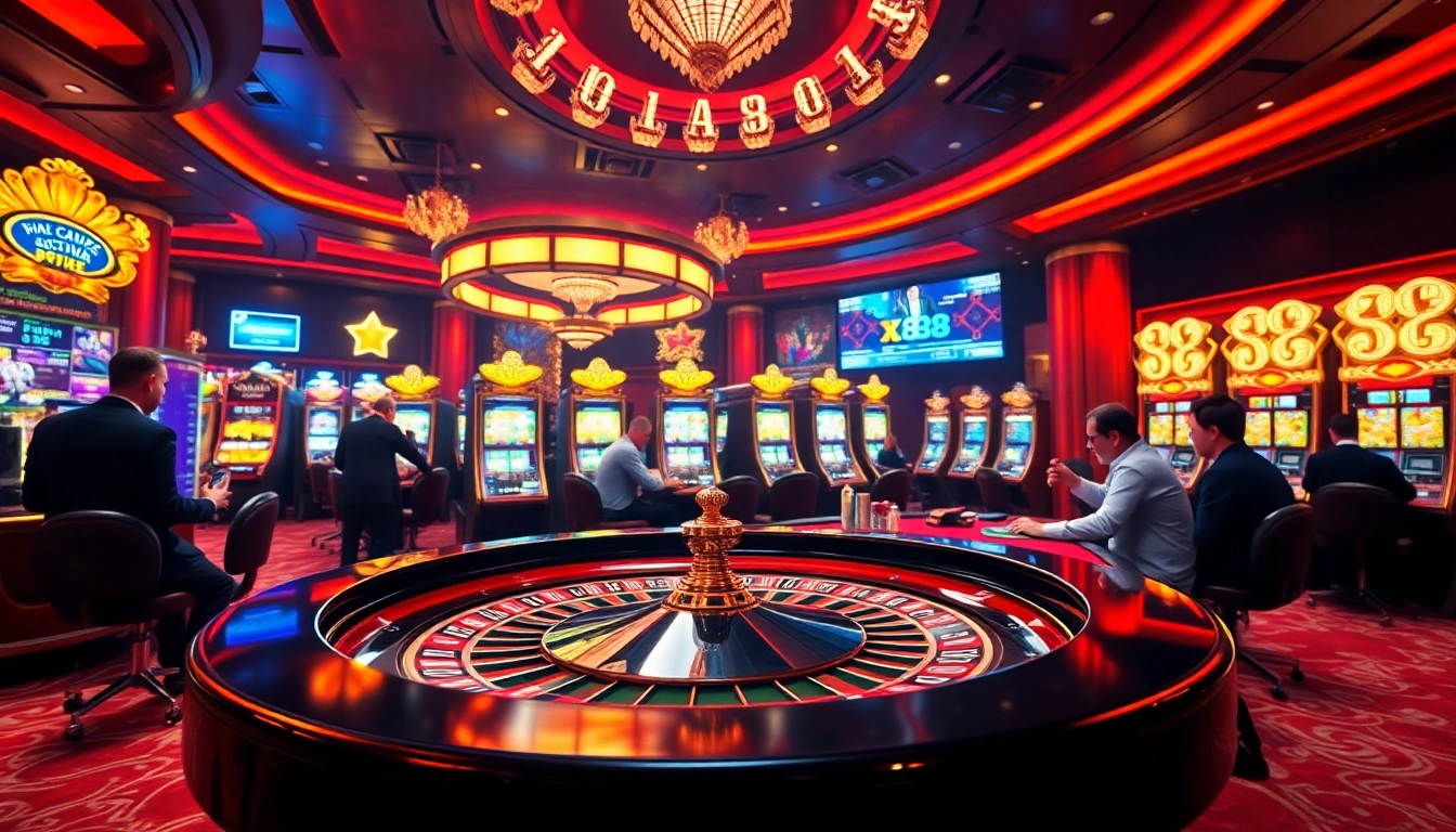Players enjoying high-stakes games at XX88 casino, with vibrant lights and thrilling gameplay.