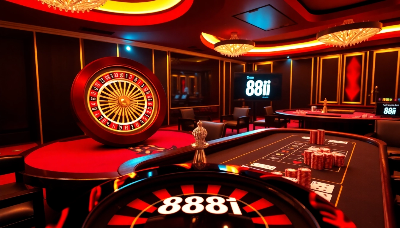 Experience high-stakes gaming at 88i's luxurious casino scene with poker tables and roulette wheels.