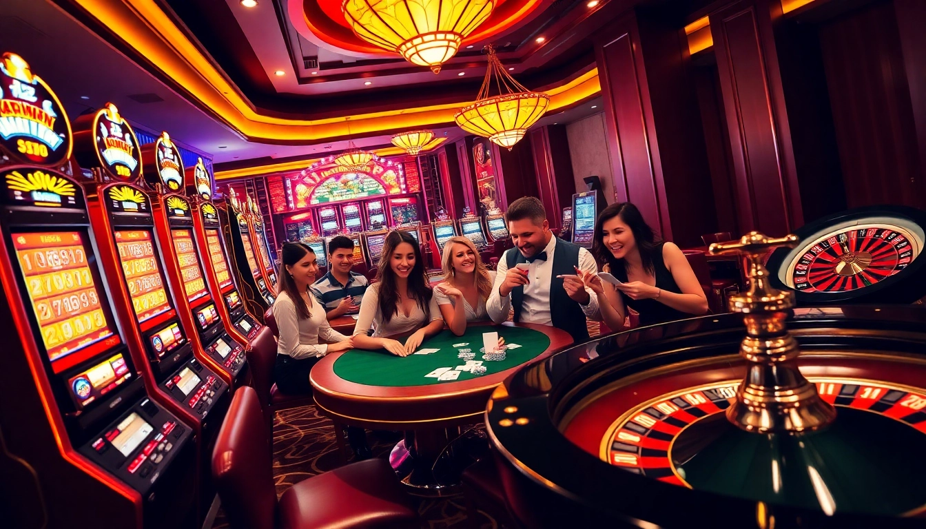 Engaging scene of players at Bro138's vibrant slot machines, showcasing excitement in gambling.
