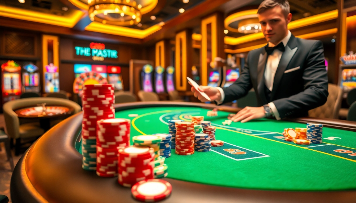 High-stakes action at GK88 casino with vibrant poker chips and dealer in tuxedo.