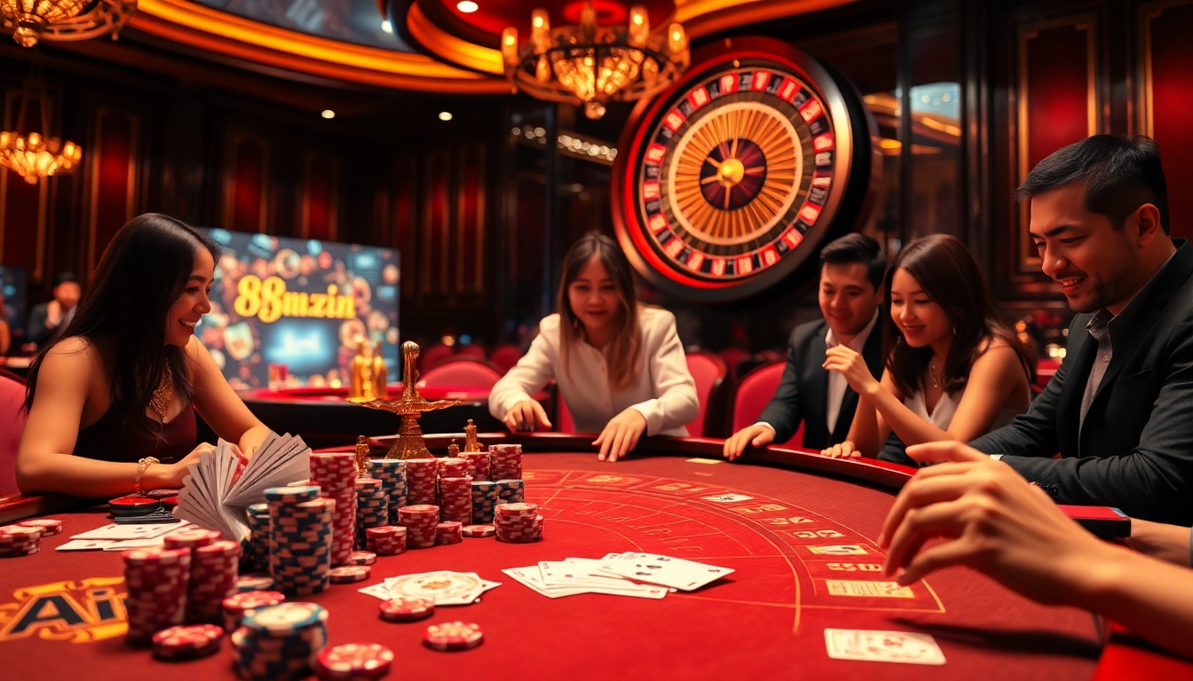 Players experiencing the thrill of online gambling at 98win trang chu with vibrant casino visuals.