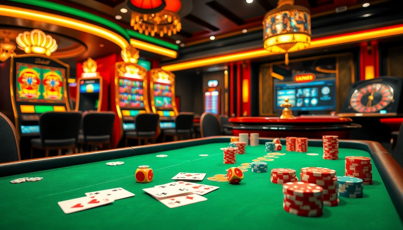 Engage in thrilling games at trang dr88 with vibrant casino visuals featuring poker chips, cards, and a roulette wheel.