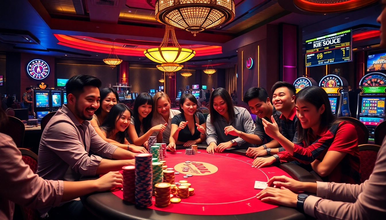 Gamblers engaging in a thrilling poker game at a vibrant casino showcasing keobongda elements.