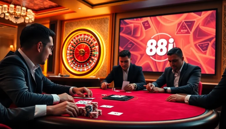 Gamblers at 88i poker table enjoy a thrilling game with chips and cards.