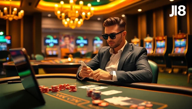 Engaging scene showcasing a player enjoying casino games online at J8 with cards and chips.