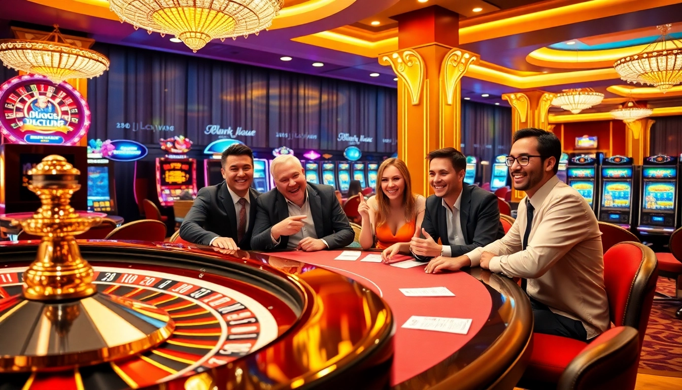 Players celebrating at Luckywin casino with roulette and slot machines in a vibrant atmosphere.