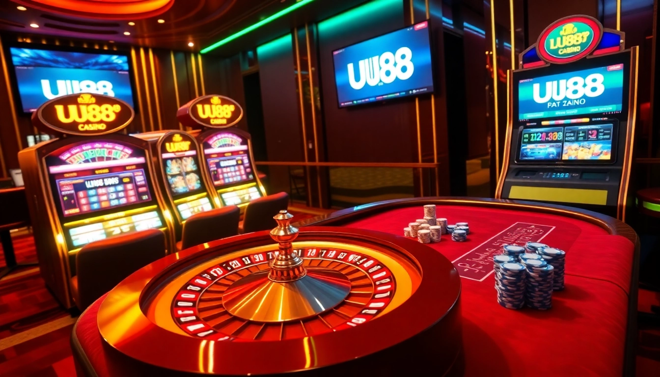 Play exciting games at UU88 casino, featuring roulette and vibrant slot machines.