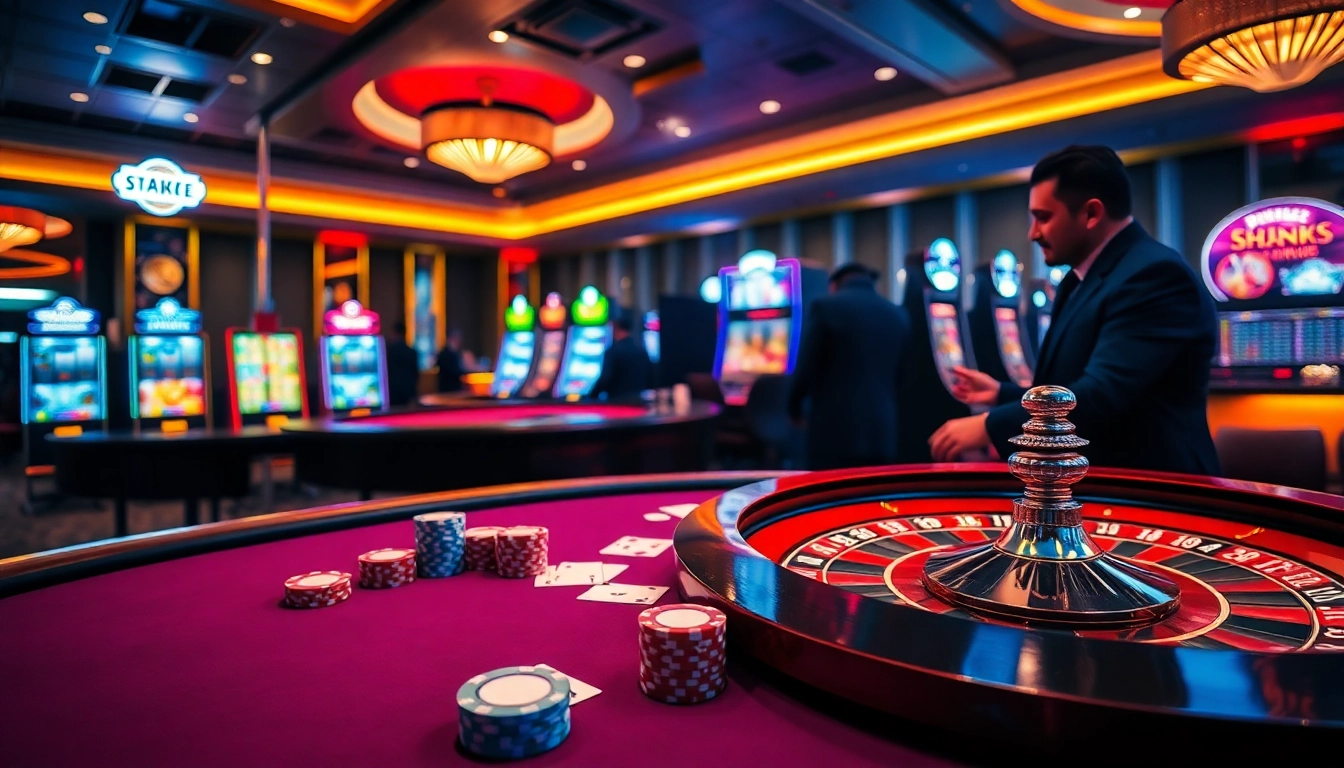 התחברו עם Stake סוכן לשולחן קזינו יוקרתי עם צ'יפי פוקר צבעוניים וקלפים.