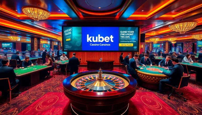 Kubet casino scene showcasing players engaged in roulette and poker, emphasizing a luxurious gambling atmosphere.