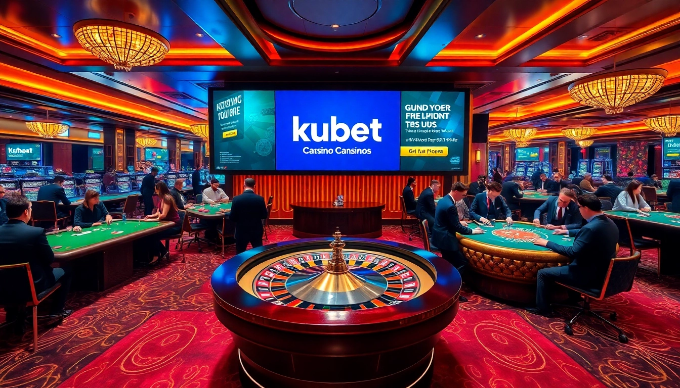Kubet casino scene showcasing players engaged in roulette and poker, emphasizing a luxurious gambling atmosphere.