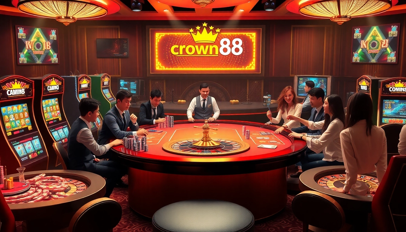 Crown88 casino scene with exciting gameplay, vibrant tables, and professional dealers