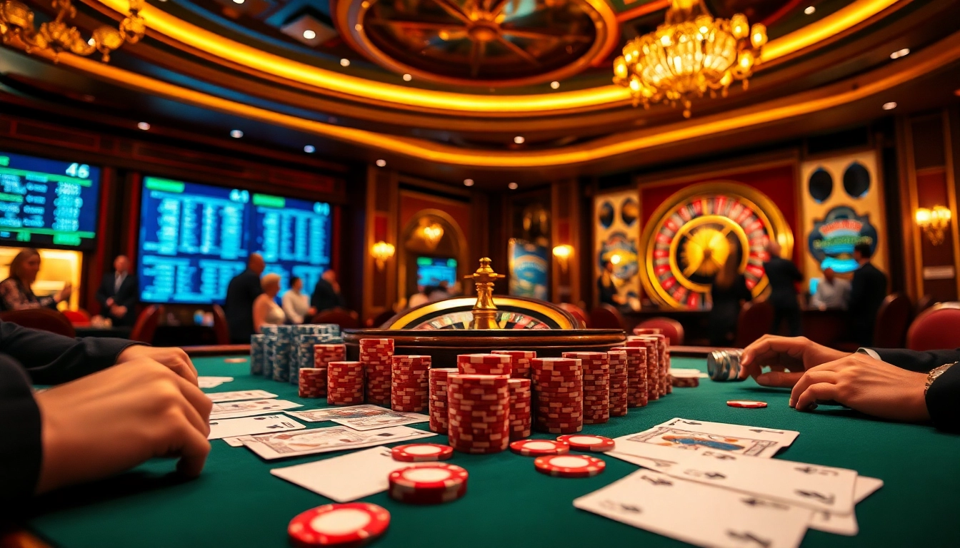 Experience the thrill of gambling at https://kk55.group with an upscale casino scene featuring poker chips and a roulette wheel.