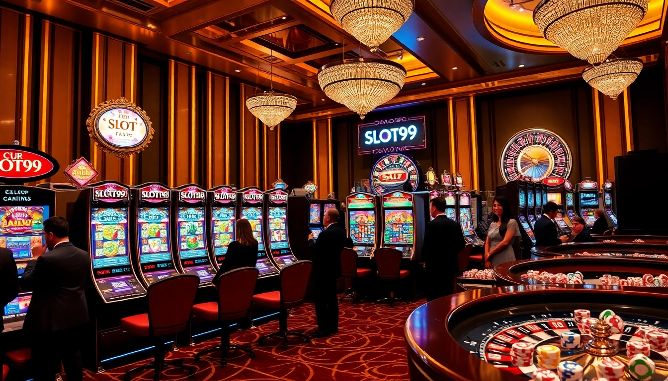Experience the thrill of winning at SLOT99 with colorful slot machines and lively gaming atmosphere.