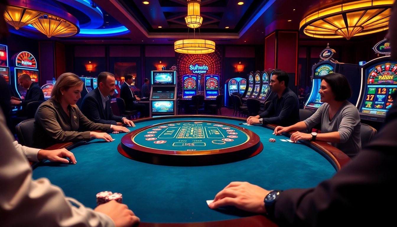 Exciting scene of players at a sunwin poker table in a luxurious casino setting.