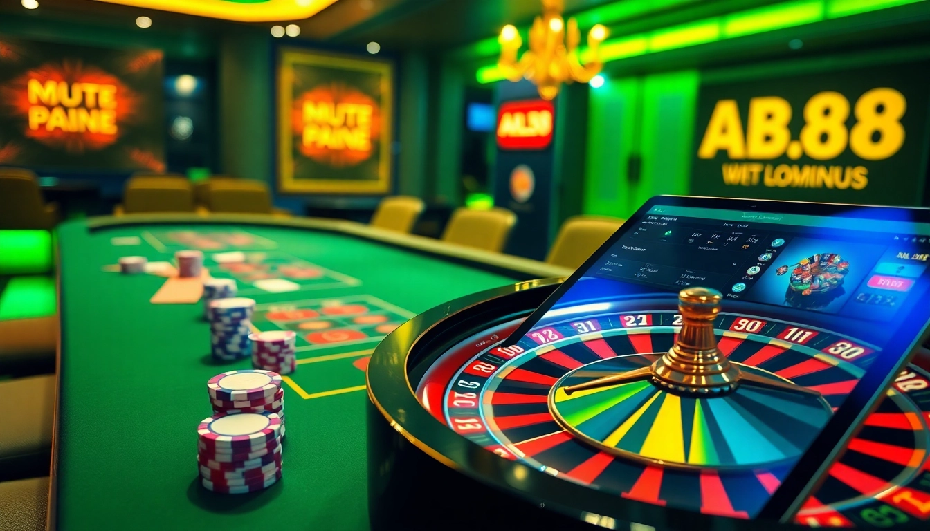 Experience premium gaming at ABC8 with vibrant casino tables, poker chips, and high-tech betting interfaces.