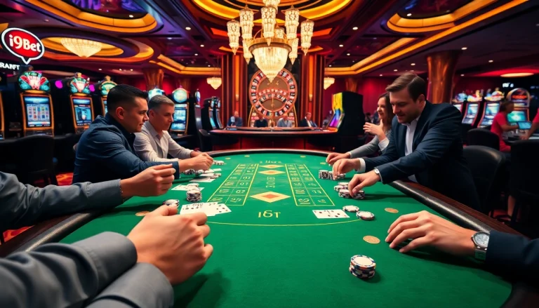Experience the thrill of i9bet poker with players at a luxurious casino table.