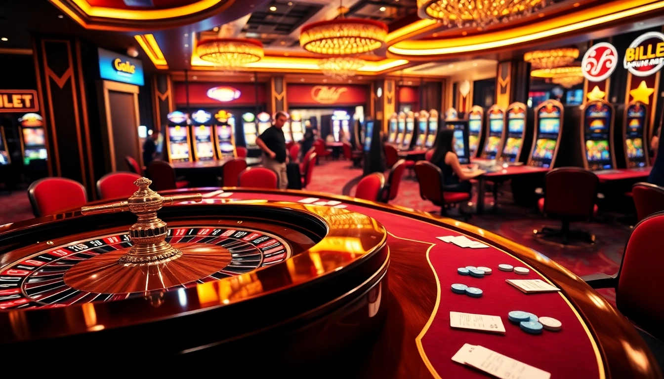 Experience thrilling casino gaming with Link GG88, featuring vibrant tables, roulette wheels, and excited players.