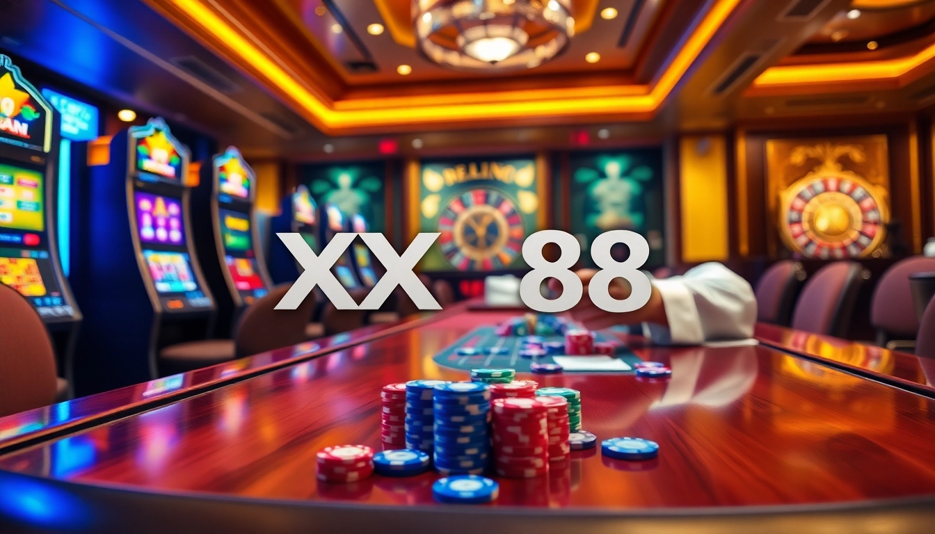 Experience thrilling moments at the casino with XX 88 featuring vibrant gaming tables and roulette wheels.