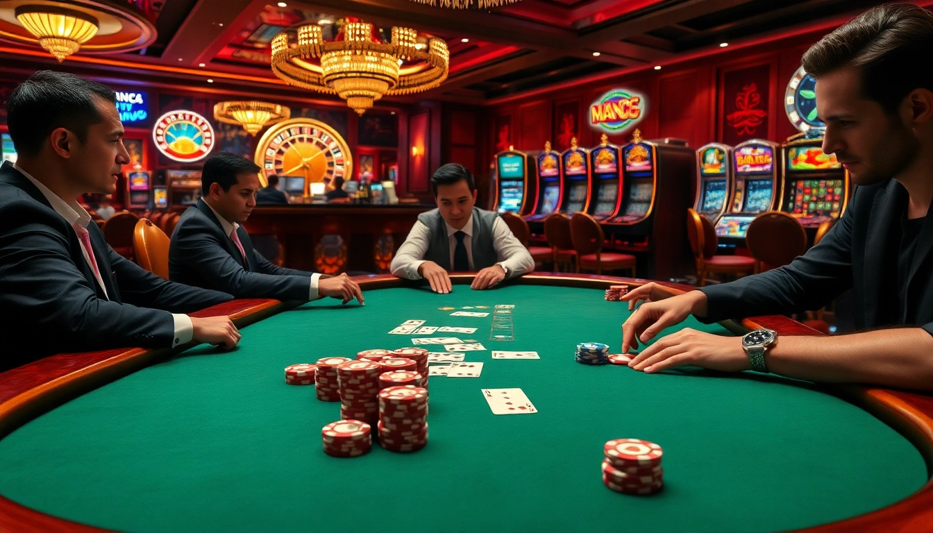 Man88 poker players strategizing at a high-stakes table with luxurious chips and cards.