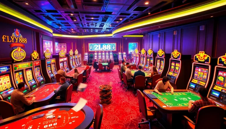 FLY88 players enjoying an exciting game at a luxurious casino table with vibrant lights