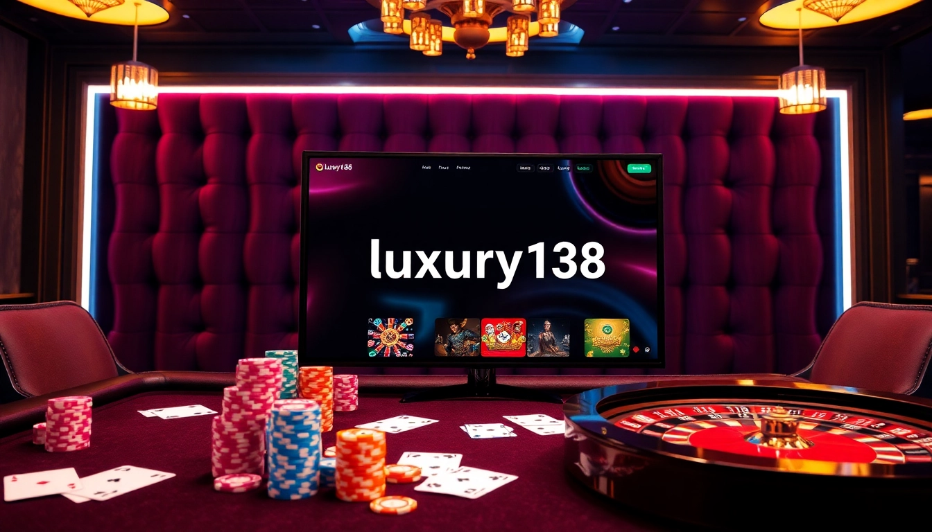 Experience the excitement of luxury138 with vibrant poker chips and a roulette wheel in a luxurious casino setting.