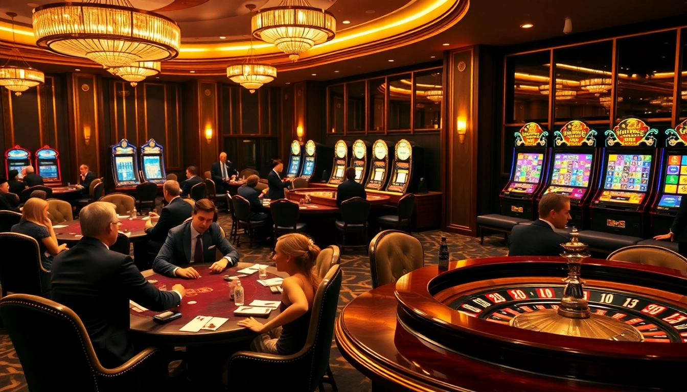 Players enjoying a thrilling VVJL casino experience with poker, roulette, and slot machines.