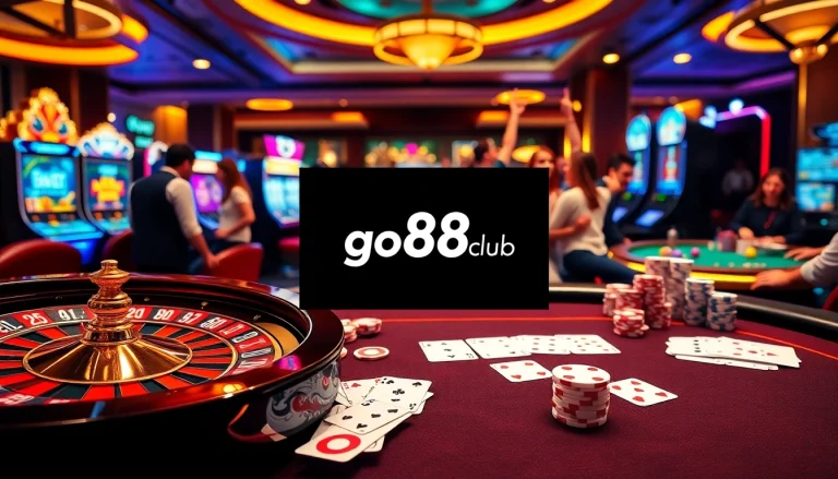 Engage with high-stakes gaming at the go88club page with poker chips and a roulette wheel in a luxurious casino setting.