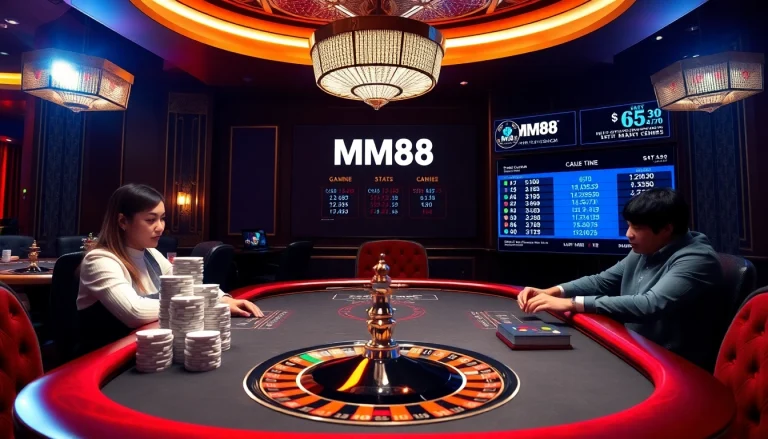 Engaged players at an MM88 casino table, experiencing luxury and excitement in online gambling.
