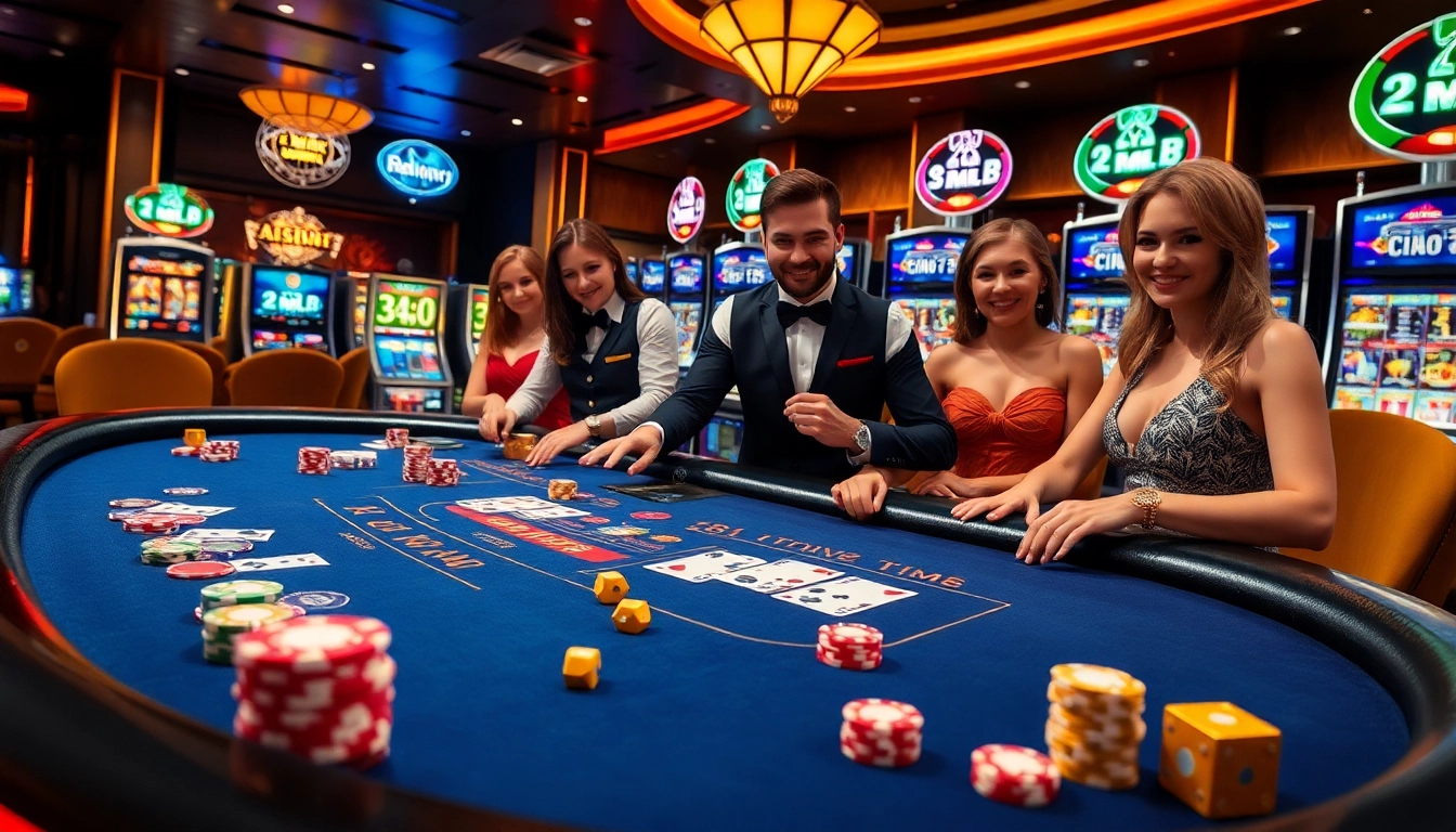 Engaging scene of a luxurious casino with blackjack action at the 222BD table, showcasing players and vibrant chips.