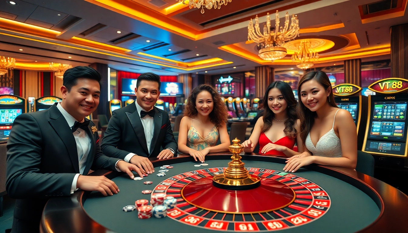 VT 88 casino scene with players at a roulette table, showcasing excitement and luxury.