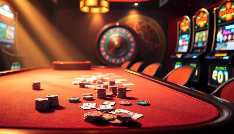 Engage with the thrill of casino gaming at the gemwin blog, featuring poker chips and vibrant slot machines.